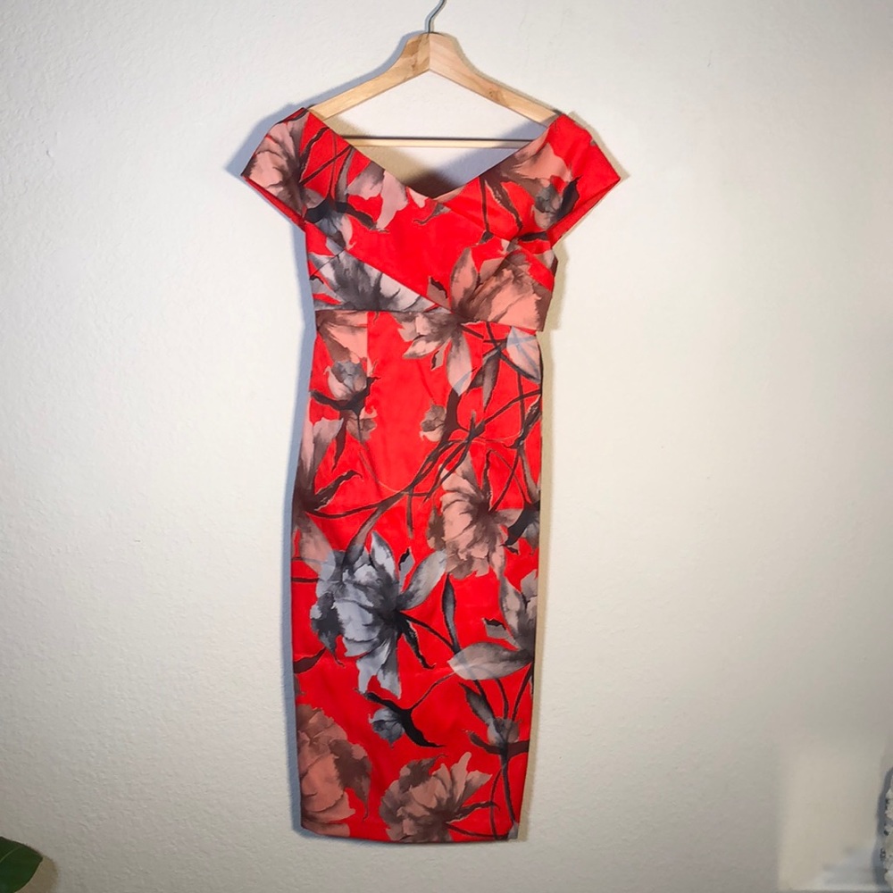 ASOS off shoulder Red Flower Pencil Midi Dress